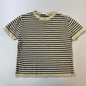 ZARA Kids Knit Tee Size 6 m-7 Stripe Navy Blue Tan Cotton Nautical Summer Preppy